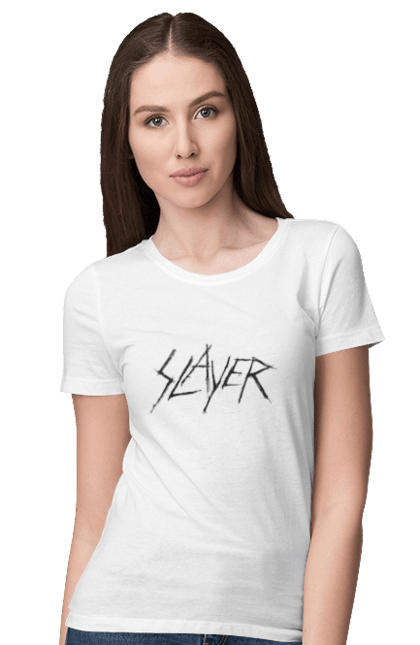 Футболка жіноча з принтом "Slayer". Slayer, грув метал, група, метал група, музика, ню метал, спід метал, треш метал, череп. 2070702