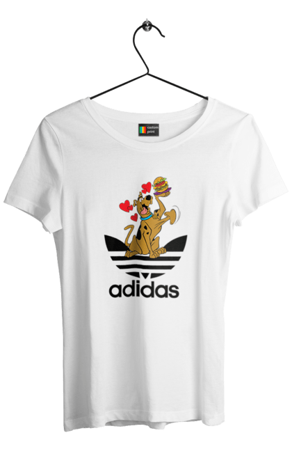 Футболка жіноча з принтом "Adidas Скубі Ду". Adidas, scooby doo, scooby-doo, адідас, мультсеріал, серіал, скубі ду, скубі-ду, собака. 2070702