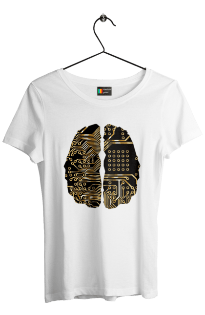 Футболка жіноча з принтом "Мозок Айті". Айті, айтішник, гик, знання, золотий, золото, інженер, кібер, кібернетика, кіборг, код, комп, кристал, мікросхема, мозок, програміст, професіонал, професія, розробник, розум, чіп. 2070702