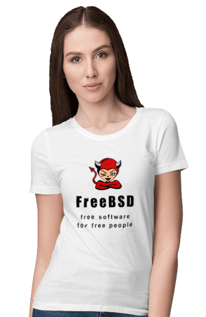 Футболка жіноча з принтом "Freebsd Для Вільних". Bsd, freebsd, unix, адміністратор, айті, айтішник, безкоштовна, безкоштовно, бестія, вільна, демон, демонесса, доступність, незалежність, операційна система, ос, програміст, програмне забезпечення, свобода, сисадмін, система, системний адміністратор, софт, текст, червоний, чорний. 2070702