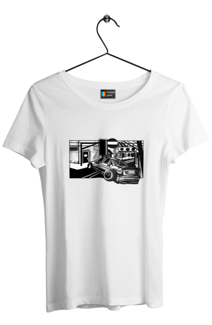 Футболка жіноча з принтом "Небезпечний Автомобіль на дорогах вулиць". Автомобіль, гонки, машина, небезпечний, чорно білий, швидкий. 2070702
