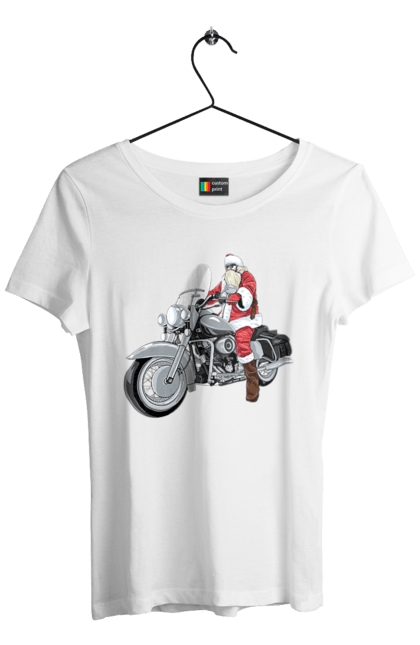 Футболка жіноча з принтом "Санта На Мотоциклі". Мотоцикл, новий рік, санта, свято. 2070702