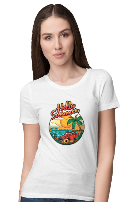 Women`s t-shirt with prints Hello Summer, Car By The Sea. Beach, island, palm, summer. 2070702
