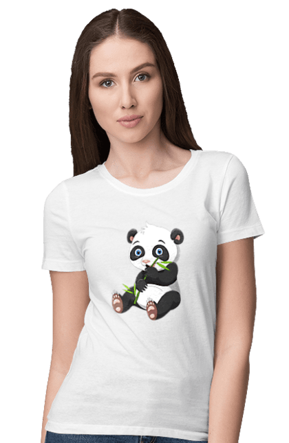 Women's t-shirt with prints A baby panda eats bamboo. Animals, baby panda, bamboo, bear, panda eats bamboo, panta. CustomPrint.market