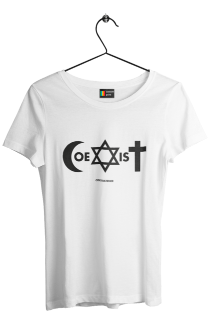 Футболка жіноча з принтом "Coexist". Coexist, іслам, іудаїзм, міжрелігійний діалог, релігія, рівність, символи віри, толерантність, християнство. 2070702