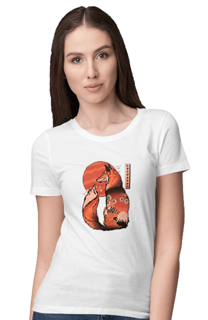 Women's t-shirt with prints Kitsune. Animal, cherry blossoms, flowers, fox, great wave, japan, japanese, kitsune, mount fuji, red fox. 2070702