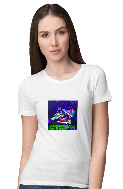 Футболка жіноча з принтом "Step`n". Віртуальні кросівки, крипта, криптовалюти, нфт, нфт кросівки, солана, степен. 2070702