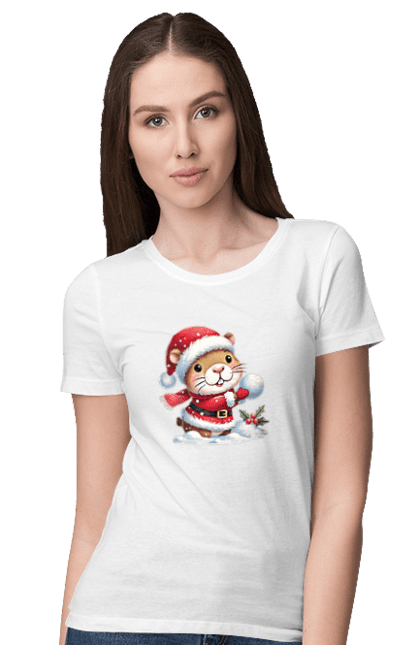 Women's t-shirt with prints Capybara playing snowballs. Animal, capybara, christmas, christmas capybara, game, gift, holiday, new year, santa, snowballs. 2070702