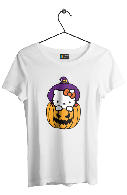 Футболка женская с принтом Хелло Китти Хэллоуин. Halloween, hello kitty, witch, бренд, ведьма, кот, котенок, персонаж, хелло китти, хэллоуин. 2070702