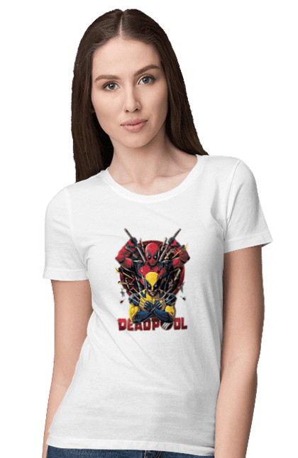 Women's t-shirt with prints Deadpool & Wolverine. Action movie, comic, deadpool, fantasy, film, logan, marvel, mutant, superhero, x-men. 2070702