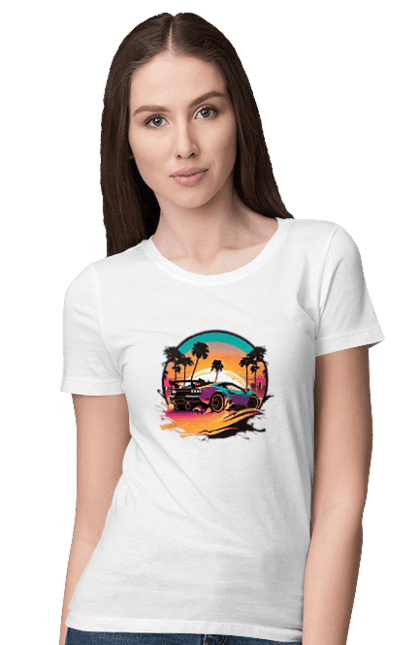 Футболка жіноча з принтом "Ламборджині Сінтвейв". Авто, автомобіль, ламба, ламборджині, машини, сінтвейв. 2070702