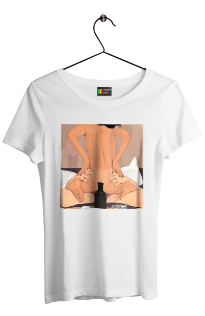 Футболка жіноча з принтом "Гола Дівчина, Пляшка І Сигарети". Гола, зверху. 2070702