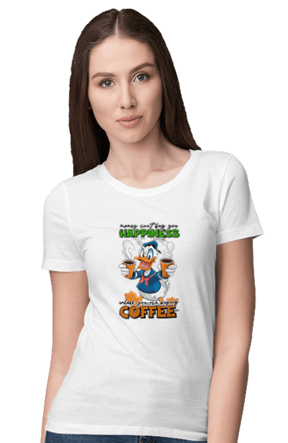 Women's t-shirt with prints Donald Duck Coffee. Animated series, cartoon, coffee, cup, disney, donald duck. 2070702