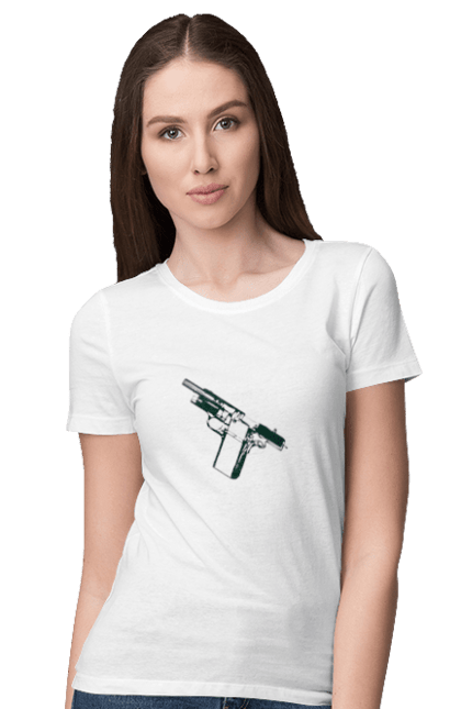 Футболка жіноча з принтом "Пістолет". Оружие, пистолет, ссу, стилизация, украина. futbolka.stylus.ua