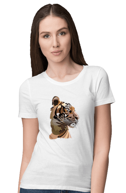 Футболка жіноча з принтом "Профіль тигра". Велика кішка, великий кіт, дика природа, дикий, звір, погляд, портрет, природа, профіль, стилізація, тварина, тигр, хижак. ART принт на футболках