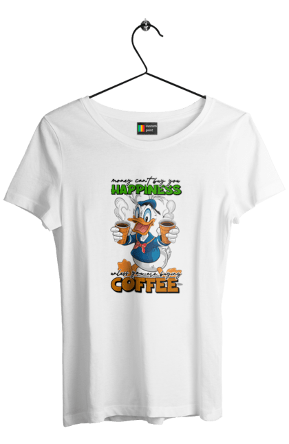 Women's t-shirt with prints Donald Duck Coffee. Animated series, cartoon, coffee, cup, disney, donald duck. 2070702