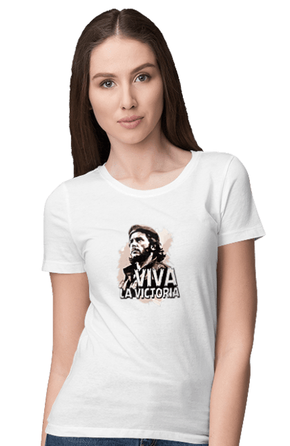 Футболка жіноча з принтом "Че Гевара. Віва ла вікторія". Гасло, напис, незалежність, перемога, повстання, портрет, революція, свобода, цитата, че гевара. KRUTO.  Магазин популярних футболок