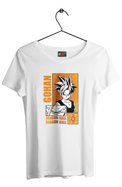 Футболка женская с принтом Жемчуг дракона Гохан. Anime, dragon ball, goku, manga, аниме, гоку, гохан, жемчуг дракона, манга. 2070702