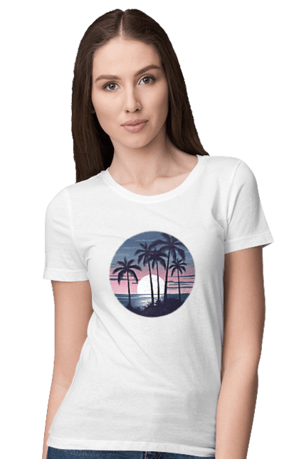 Футболка жіноча з принтом "Пальмовий пляж  На заході сонця". Море, пальма, пальми, пальмовий пляж, пляж. futbolka.stylus.ua