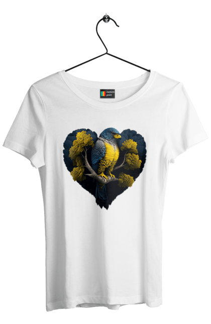 Women`s t-shirt with prints Blue and yellow falcon. Falcon, flag of ukraine, heart, symbol of ukraine, tree, ukraine. 2070702