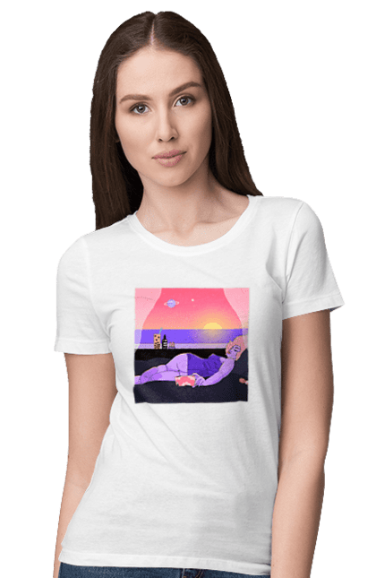 Women`s t-shirt with prints Purple Girl On Vacation. Girl, sunset, telephone. 2070702