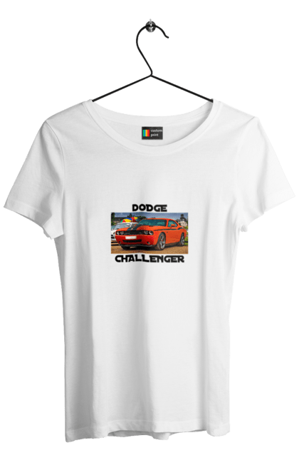 Women`s t-shirt with prints Dodge challenger. Auto, car, classic car, cult car, dodge challenger, oil car, powerful car. 2070702