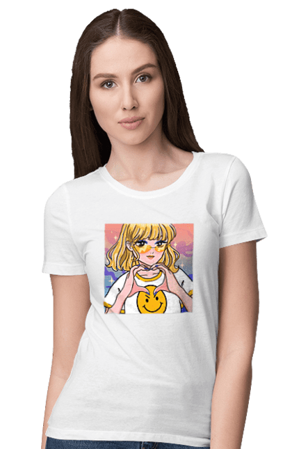 Футболка жіноча з принтом "Жовта Дівчинка". Аніме, дівчинка, смайл. 2070702