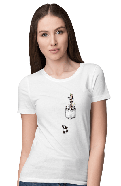 Women's t-shirt with prints Pandas in your pocket. Cool, humor, little panda, panda. CustomPrint.market