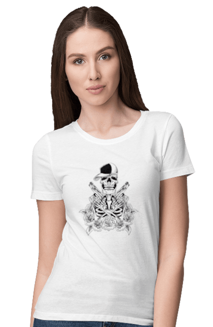 Women's t-shirt with prints Skeleton with pistols. Black and white, bones, cap, gun, roses, scull, skeleton, teeth. 2070702