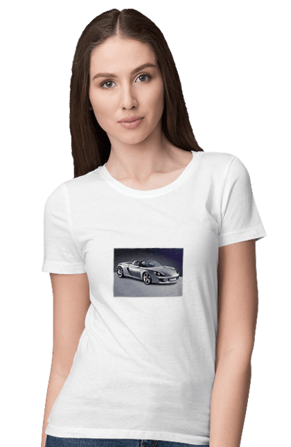 Women`s t-shirt with prints Auto.2. Auto, color image, compartment, photo, sports car. 2070702