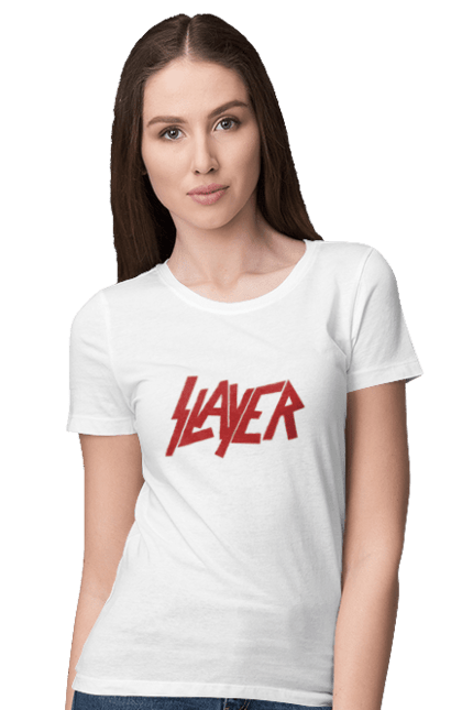 Футболка жіноча з принтом "Slayer". Slayer, грув метал, група, метал група, музика, ню метал, спід метал, треш метал, череп. 2070702