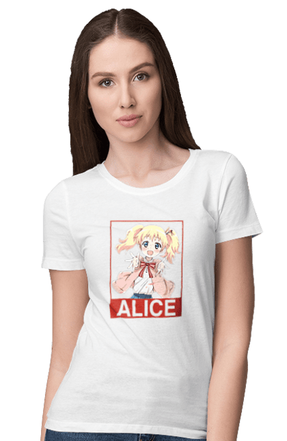 Футболка жіноча з принтом "Золота мозаїка Аліса Картелет". Alice cartelet, anime, kiniro mosaic, kinmoza, manga, аліса, аліса картелет, аніме, золота мозаїка, манга. 2070702