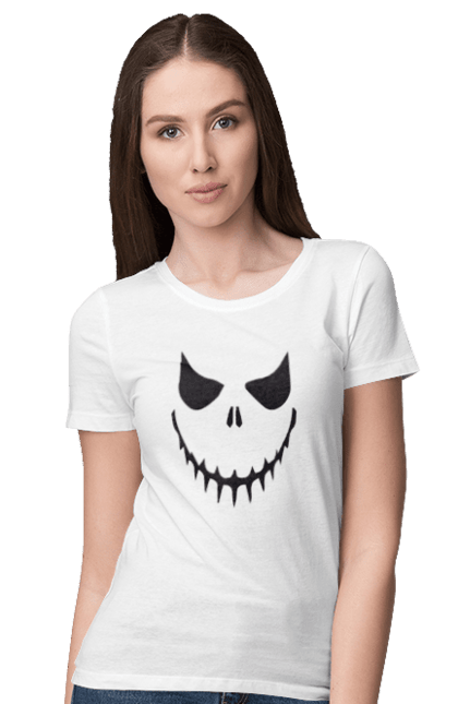 Women's t-shirt with prints Halloween pumpkin face. Costume, halloween, holiday, october, october 31, pumpkin, scary, sweets, trick or treat. 2070702