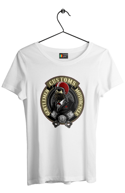 Футболка жіноча з принтом "джентльменський мотоцикл". Джентельмен, джентльмен, мотоцикл, череп, шолом. 2070702