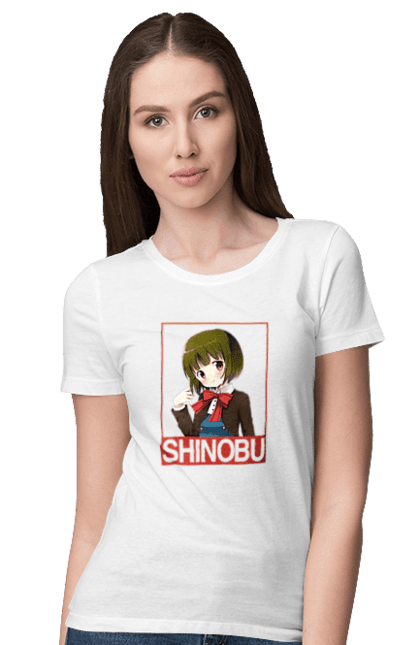 Women's t-shirt with prints Kiniro Mosaic Shinobu Omiya. Anime, gold mosaic, kiniro mosaic, kinmoza, manga, shinobu, shinobu omiya. 2070702