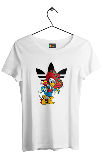 Футболка женская с принтом Adidas Дональд Дак. Adidas, daisy duck, donald duck, адидас, дейзи дак, дональд дак, мультсериал, мультфильм. 2070702