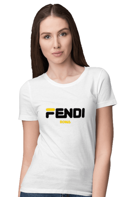 Футболка женская с принтом Fendi. Fendi, lvmh, бренд, дом моды, италия, люкс, мода, одежда, сумка, фенди. 2070702