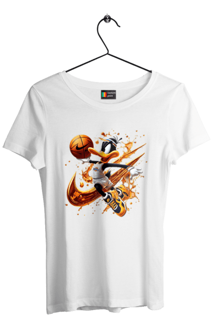Women's t-shirt with prints Daffy Duck Nike. Cartoon, character, daffy duck, duck, looney tunes, merrie melodies, nike, warner brothers. 2070702