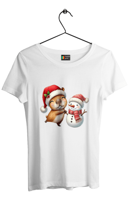 Women's t-shirt with prints Capybara and Snowman. Animal, capybara, christmas, christmas capybara, gift, holiday, new year, new year`s gift, santa, snowman. 2070702