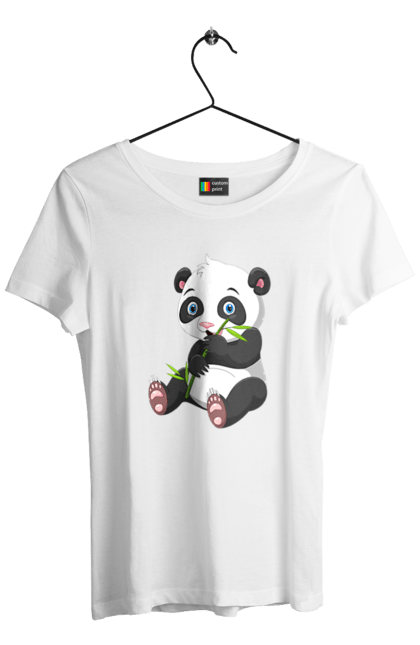 Women's t-shirt with prints A baby panda eats bamboo. Animals, baby panda, bamboo, bear, panda eats bamboo, panta. CustomPrint.market