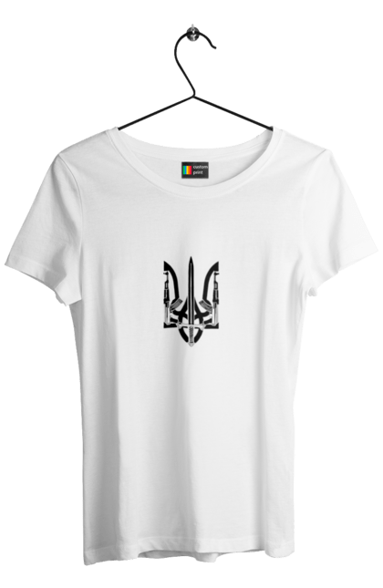 Футболка жіноча з принтом "Герб України". Аграрії, арестович, війна, все, герб україни, герої, зелений, зупиніть війну, иди нахуй, кім, мир, мрія, ні війні, орда, орки, примара києва, птн пнх, путін хуйло, російський військовий корабель, слава україні, україна, чорнобаївка. 2070702