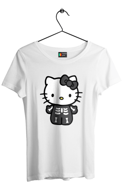 Women's t-shirt with prints Hello Kitty Halloween. Brand, character, halloween, hello kitty, kitten, kitty, skeleton, zombie. 2070702