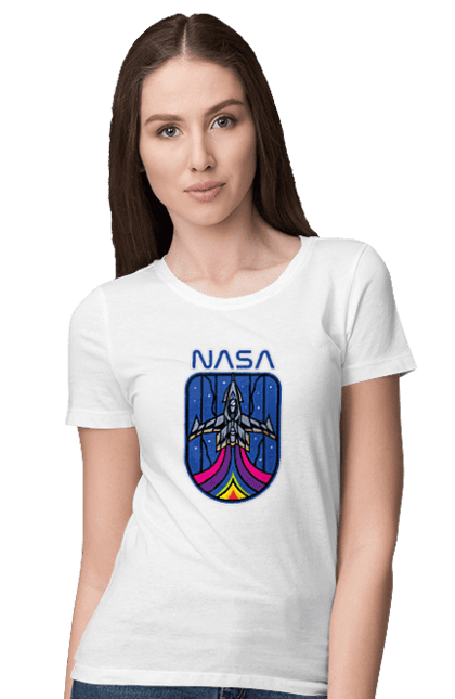 Футболка жіноча з принтом "NASA". Авіація, астронавтика, дослідження, космічний, космонавтика, космос, наука, повітроплавання, ракета, сша, технології. futbolka.stylus.ua