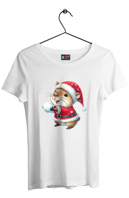 Women's t-shirt with prints Capybara playing snowballs. Animal, capybara, christmas, christmas capybara, game, gift, holiday, new year, santa, snowballs. 2070702