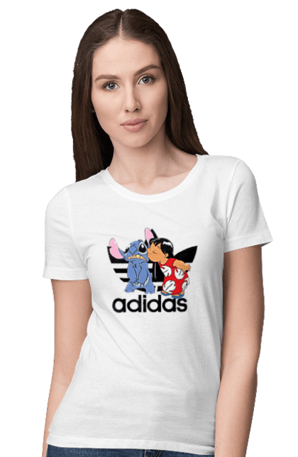 Футболка жіноча з принтом "Adidas Стіч". Adidas, адідас, дісней, інопланетянин, кіно, ліло та стіч, мультфільм, стич, фільм. 2070702