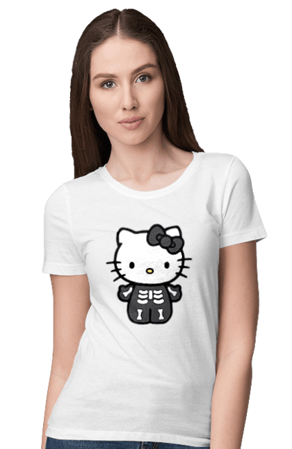 Women's t-shirt with prints Hello Kitty Halloween. Brand, character, halloween, hello kitty, kitten, kitty, skeleton, zombie. 2070702