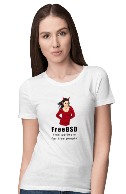 Футболка жіноча з принтом "Freebsd Для Вільних". Bsd, freebsd, unix, адміністратор, айті, айтішник, безкоштовна, безкоштовно, бестія, вільна, демон, демонесса, доступність, незалежність, операційна система, ос, програміст, програмне забезпечення, свобода, сисадмін, система, системний адміністратор, софт, текст, червоний, чорний. 2070702