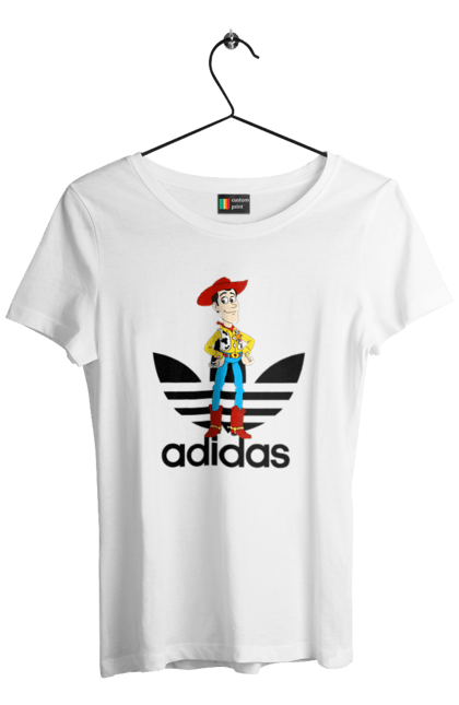 Футболка женская с принтом Adidas Вуди. Adidas, toy story, woody, адидас, вуди, история игрушек, мультфильм. 2070702