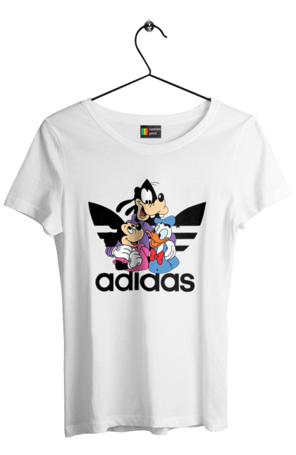 Футболка женская с принтом Adidas Микки Маус. Adidas, mickey mouse, адидас, дисней, микки, микки маус, мультфильм. 2070702