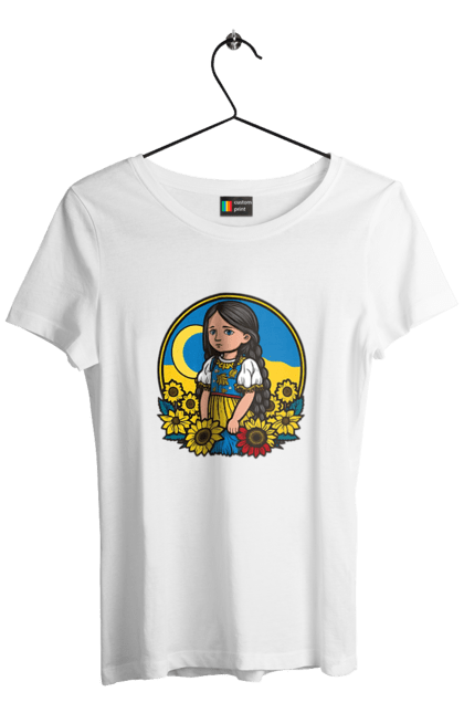 Футболка жіноча з принтом "Мила Українська дівчинка". Блакитний, жовтий, жовто-блакитний, зроблено в україні, патріот, патріоти україни, підтримую україну, прапор україни, україна, українська дівчинка. 2070702